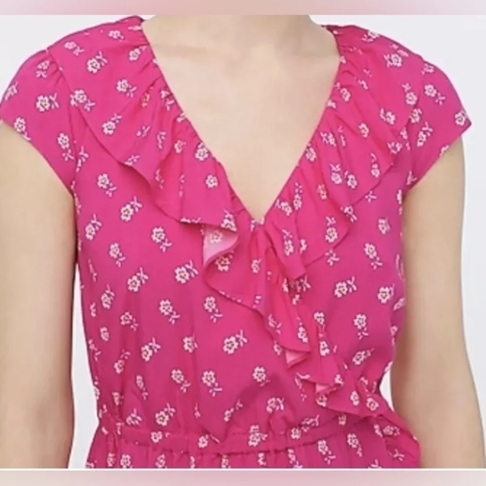 NWT, J. Crew Faux Wrap, Knee Length Dress in Fuchsia w/ Floral Pattern, Size 4 - Picture 4 of 12